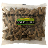 Fold Hill Beef Flavoured Gravy Bones, 500g, provides a nutritious dog treat in the shape of bones, viewable through transparent packaging.